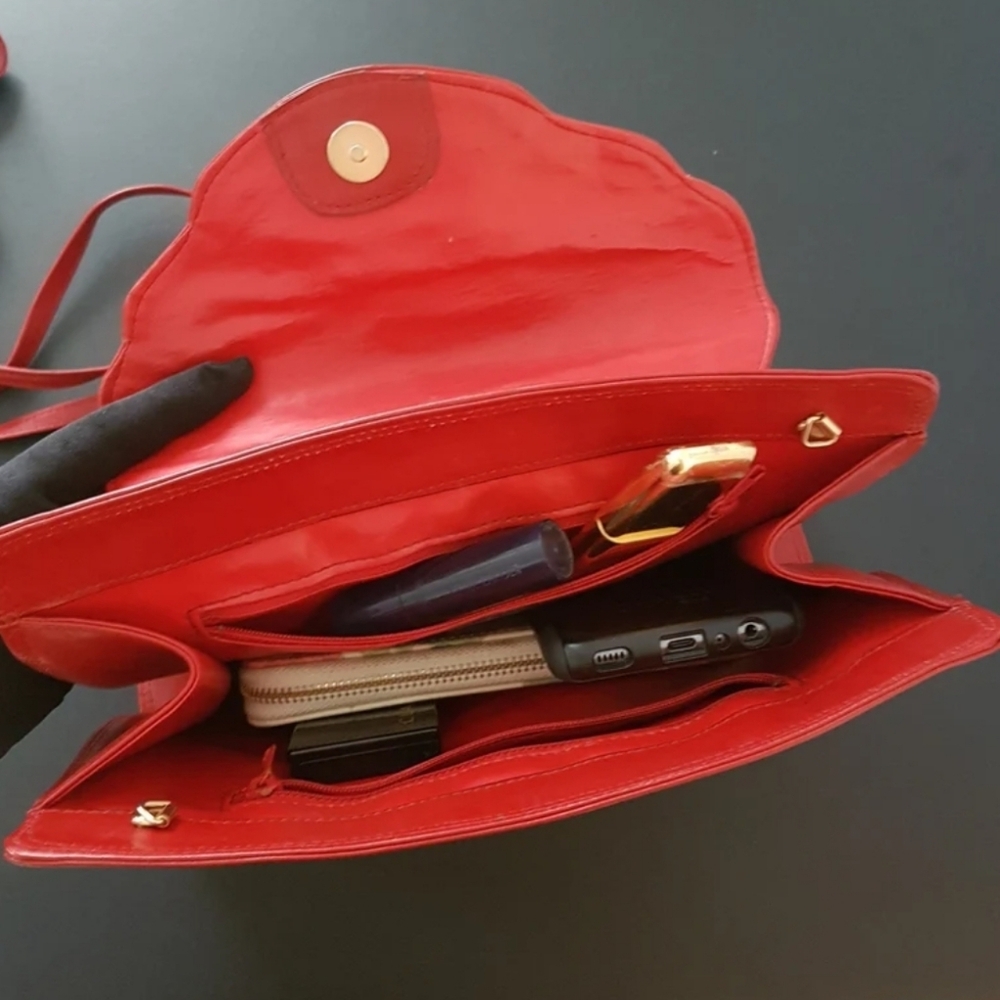 Italian Red Leather Shoulder Bag with Removable Strap - Convertible Clutch Purse - Picture 5 of 10